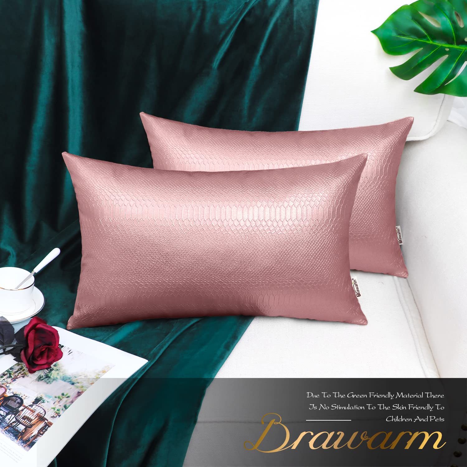 Brawarm Rose Gold Leather Throw Pillows 12 X 20 Inches, Snake Leather Pillow Covers Pack Of 2, Faux Leather Decorative Lumbar Pi